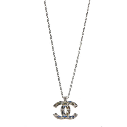 Chanel Crystal Pearl Tweed Effect CC Necklace Blue White 1 of 6