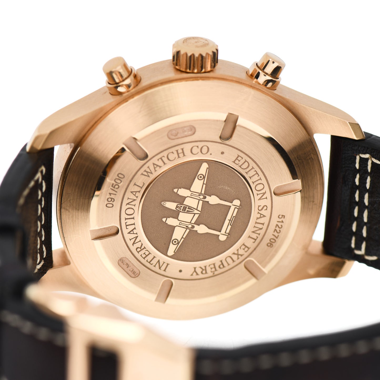 18K Rose Gold Calfskin 43mm Pilot Chronograph Saint Exupery Automatic Watch Brown IW387805