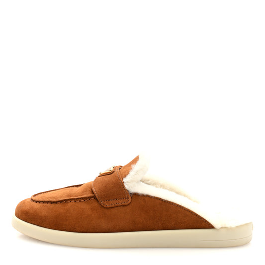 Suede Shearling Triangle Logo Loafer Mules 37 Cognac
