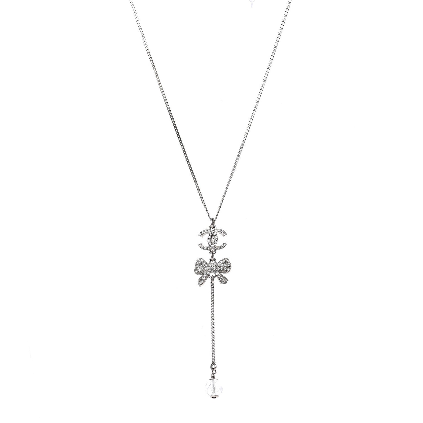 Crystal Resin CC Bow Drop Necklace Silver