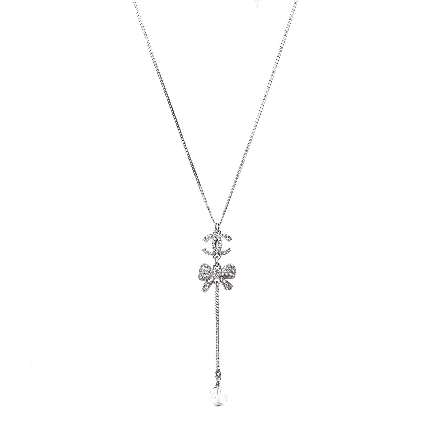 Chanel Crystal Resin CC Bow Drop Necklace Silver 4 of 6