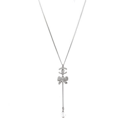 Chanel Crystal Resin CC Bow Drop Necklace Silver 4 of 6