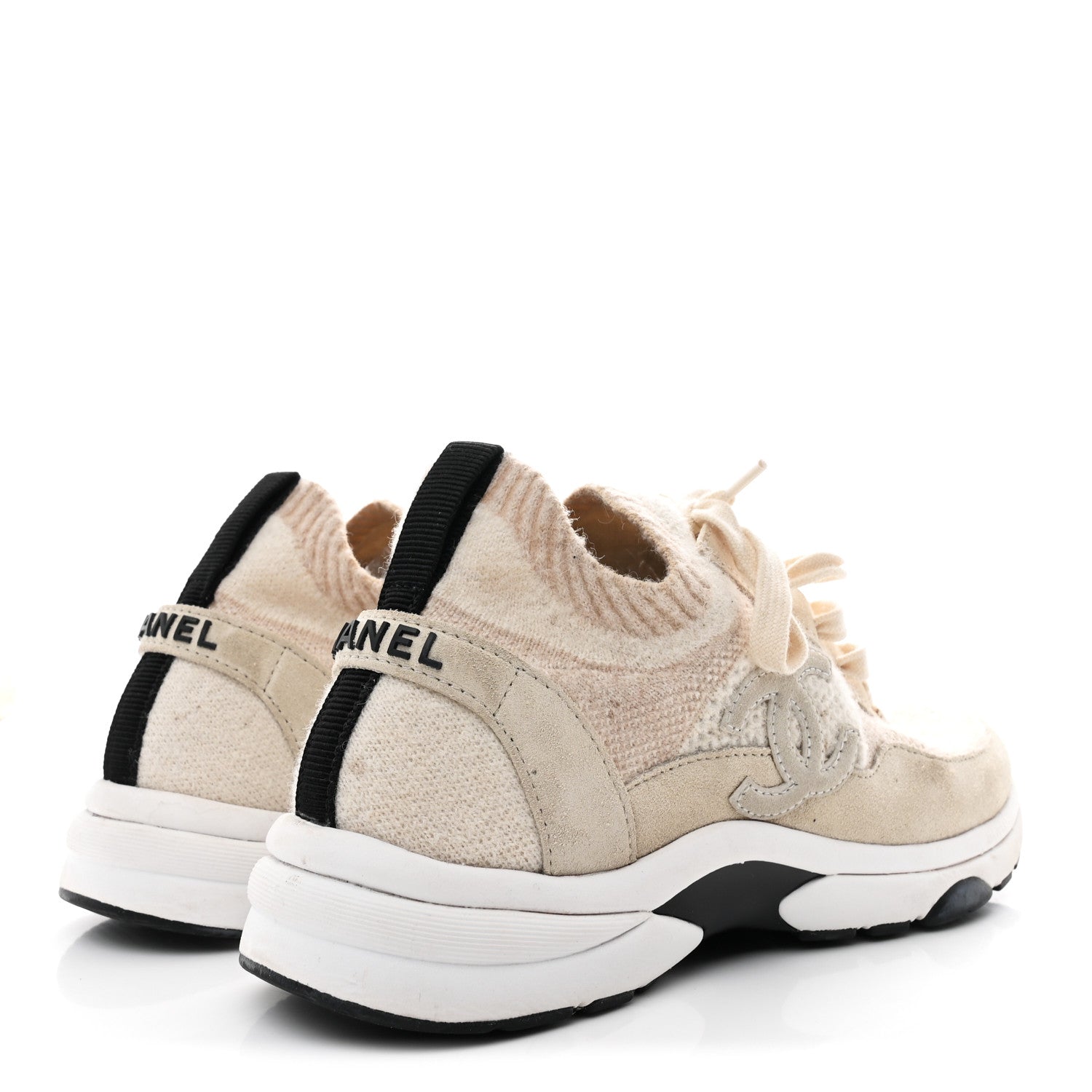 Chanel Knit Fabric Suede Calfskin Womens CC Sneakers 38.5 Ivory 5 of 9