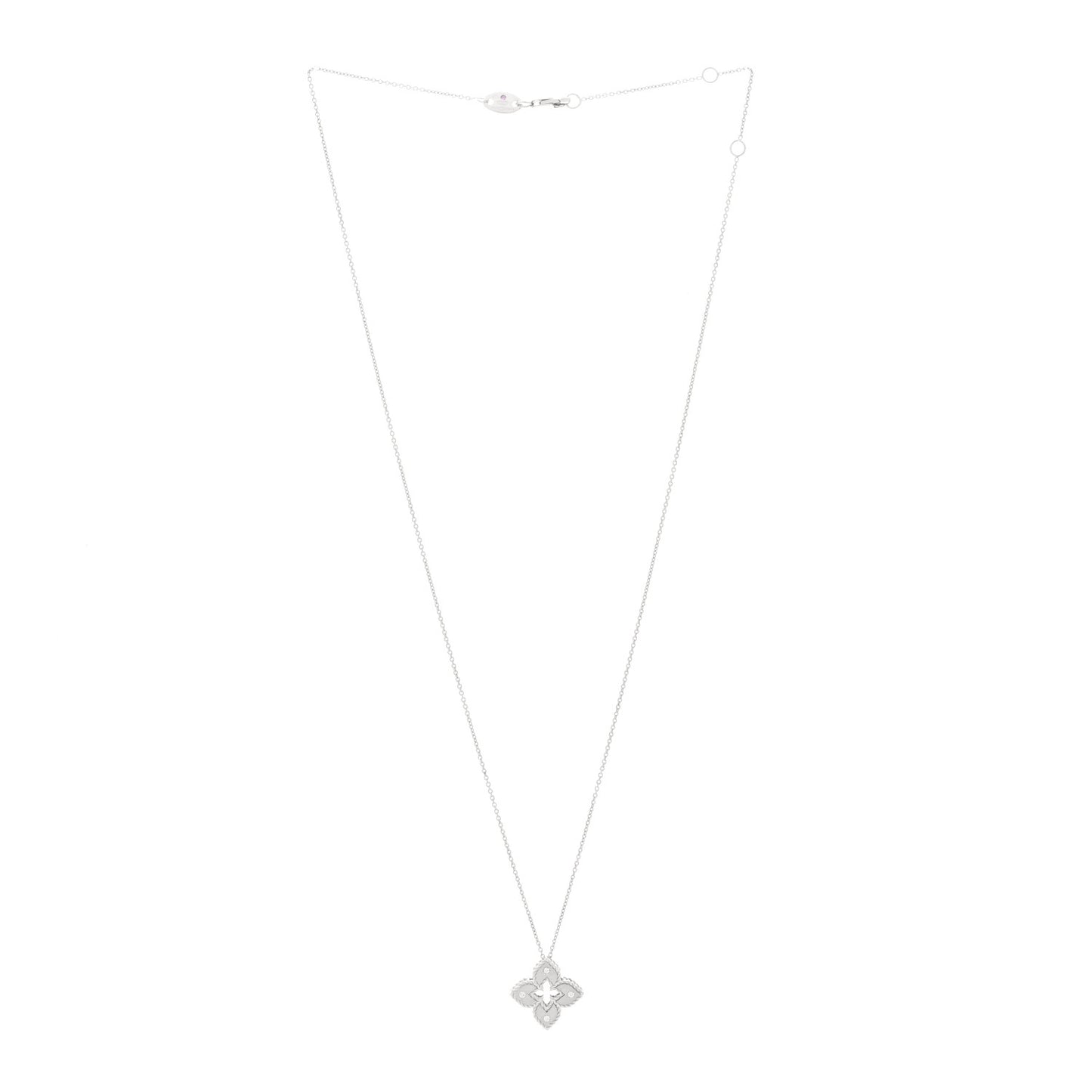 18K White Gold Diamond Petite Venetian Princess Flower Pendant Necklace