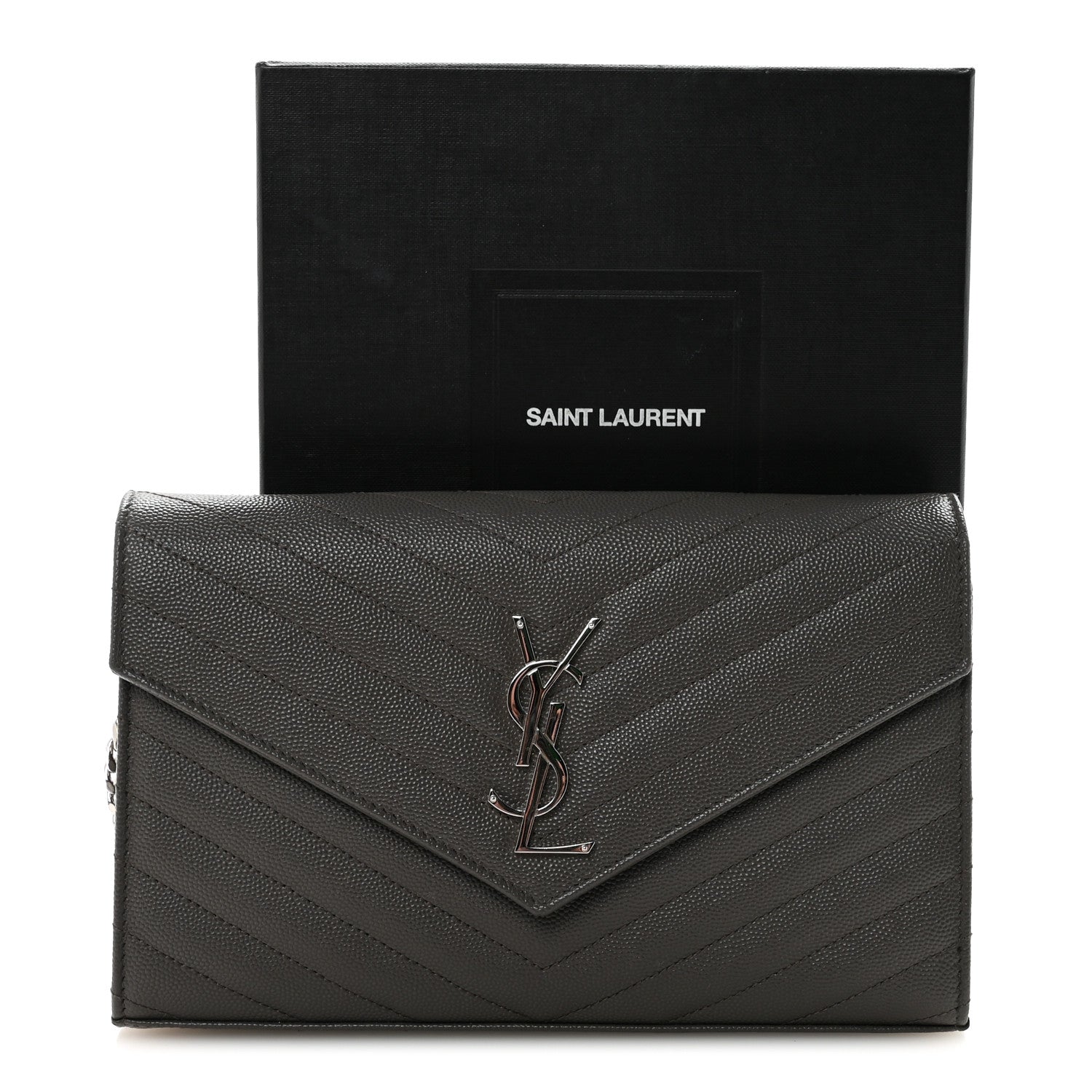 Saint Laurent Grain De Poudre Matelasse Chevron Monogram Chain Wallet Earth 10 of 10