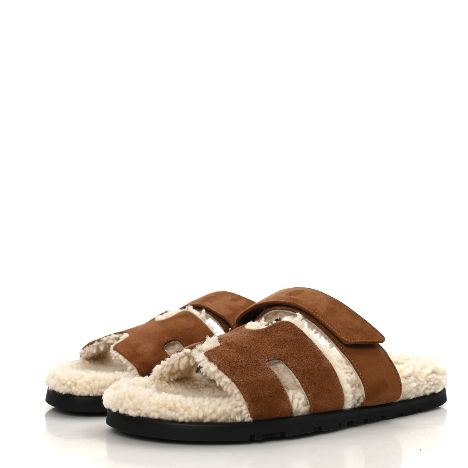 Hermes Suede Goatskin Woolskin Mens Chypre Sandals 40 Brun Fume Ecru 4 of 7
