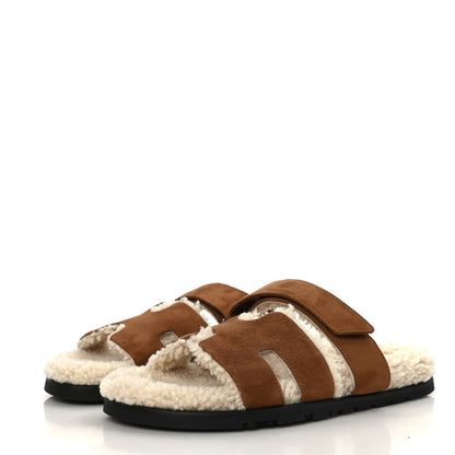 Hermes Suede Goatskin Woolskin Mens Chypre Sandals 40 Brun Fume Ecru 4 of 7