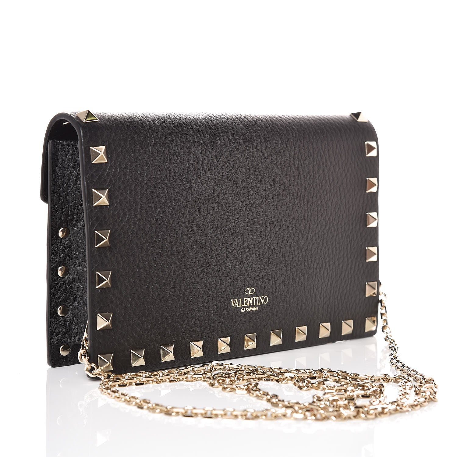 Valentino Garavani Pebbled Calfskin Rockstud Envelope Wallet on Chain Black 3 of 8