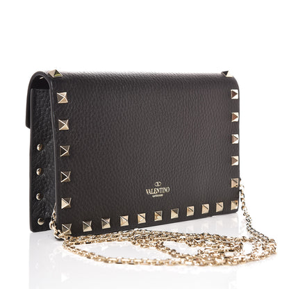 Valentino Garavani Pebbled Calfskin Rockstud Envelope Wallet on Chain Black 3 of 8