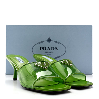 Prada Plexiglass Vernice Metal Triangle Logo 65mm Slide Sandals 38 Mela 11 of 11