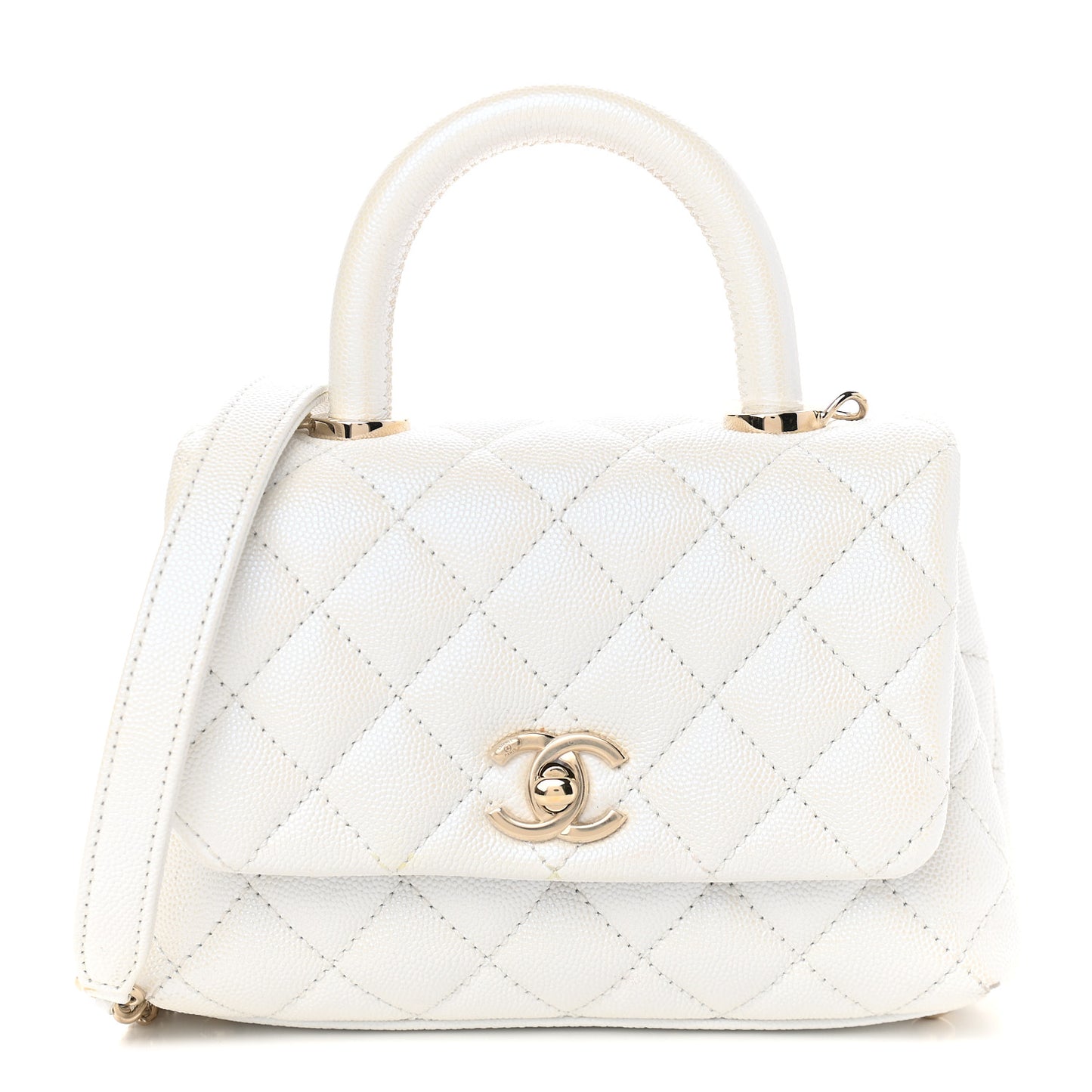 Iridescent Caviar Quilted Extra Mini Coco Handle Flap White