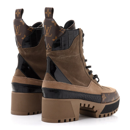 Louis Vuitton Suede Calfskin Monogram Laureate Platform Desert Boots 37 Taupe 4 of 9