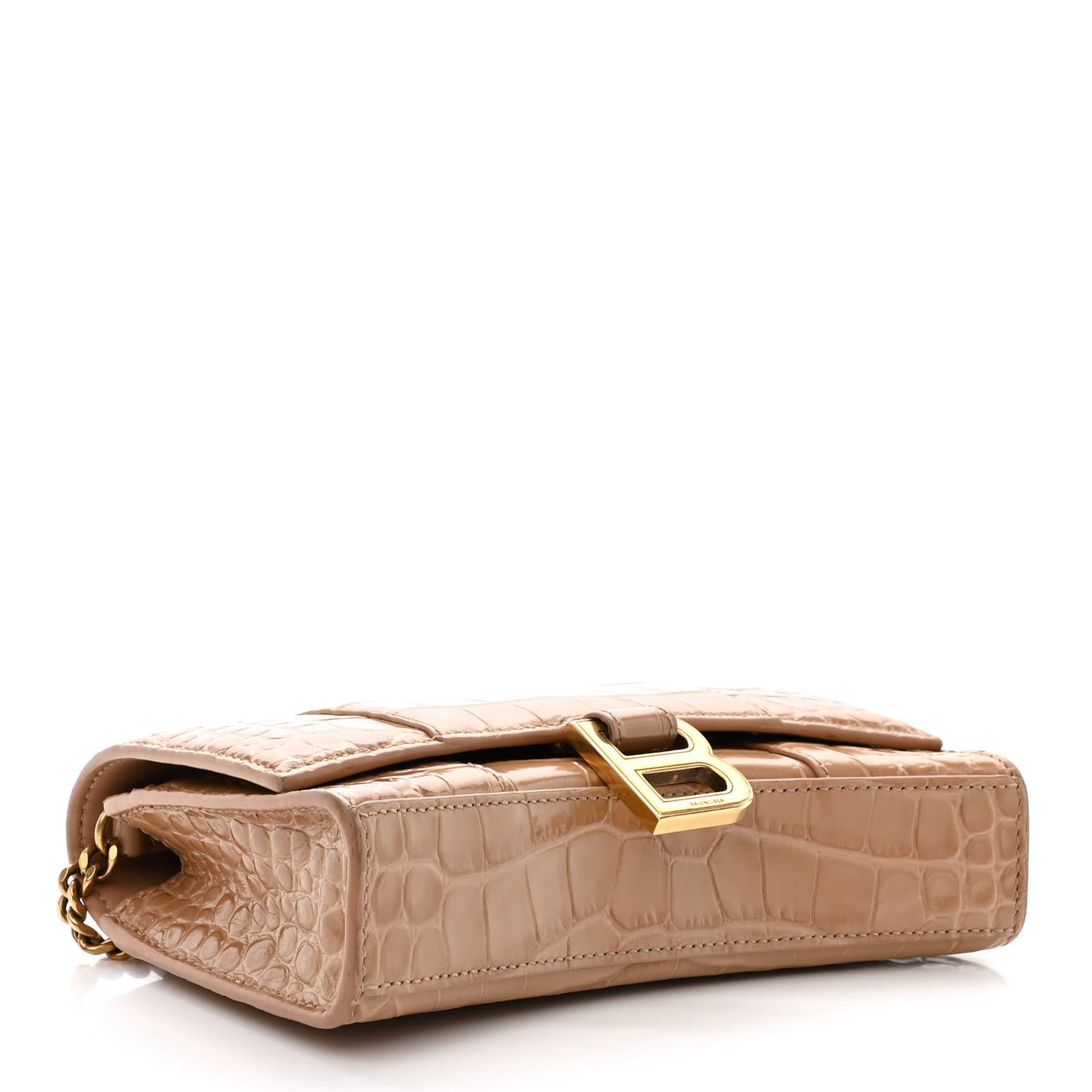 Shiny Calfskin Crocodile Embossed Hourglass Chain Bag Nude Beige