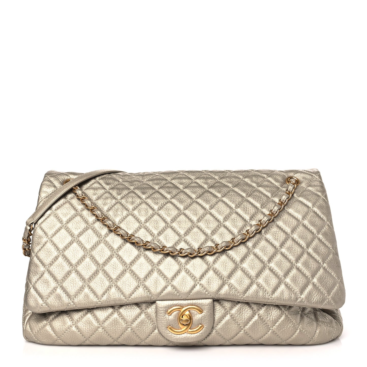 Metallic Calfskin Quilted XXL Travel Flap Bag Gold
