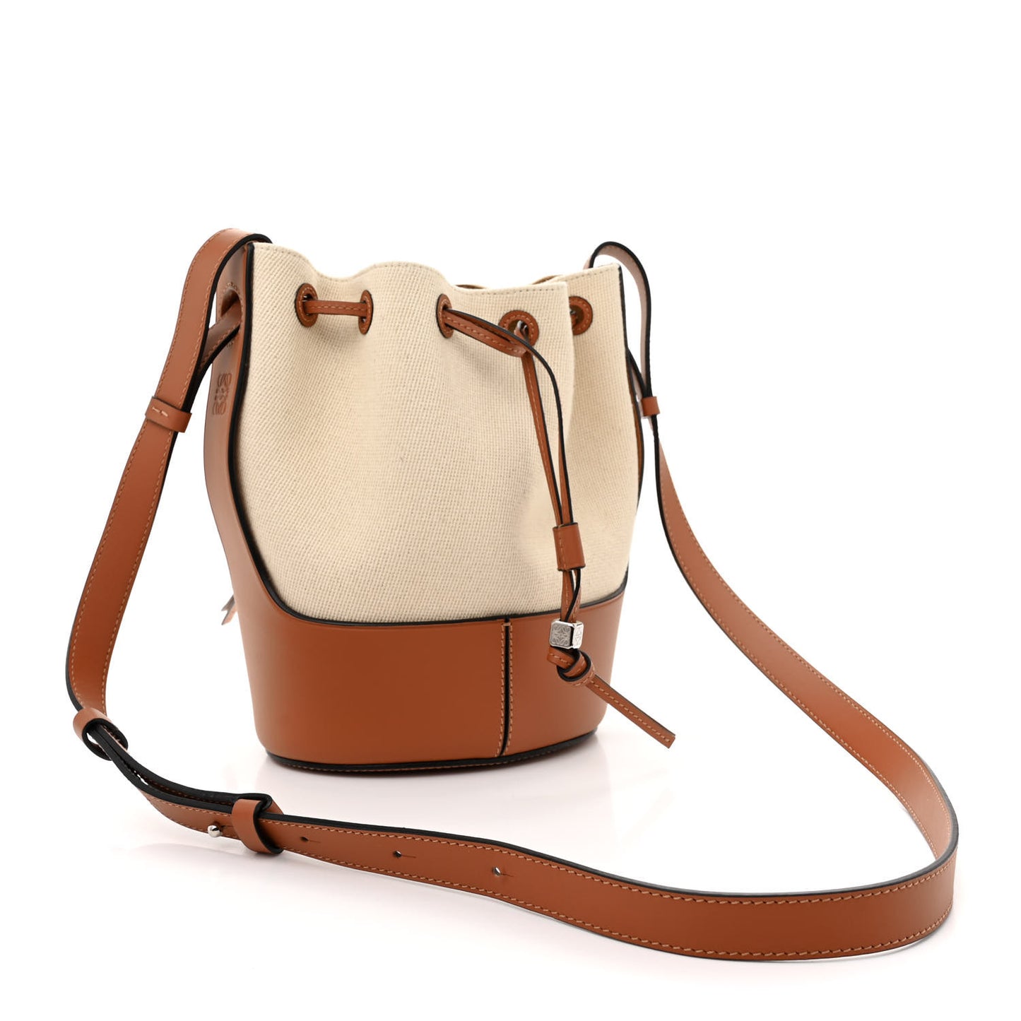 Canvas Calfskin Balloon Bucket Bag Ecru Tan