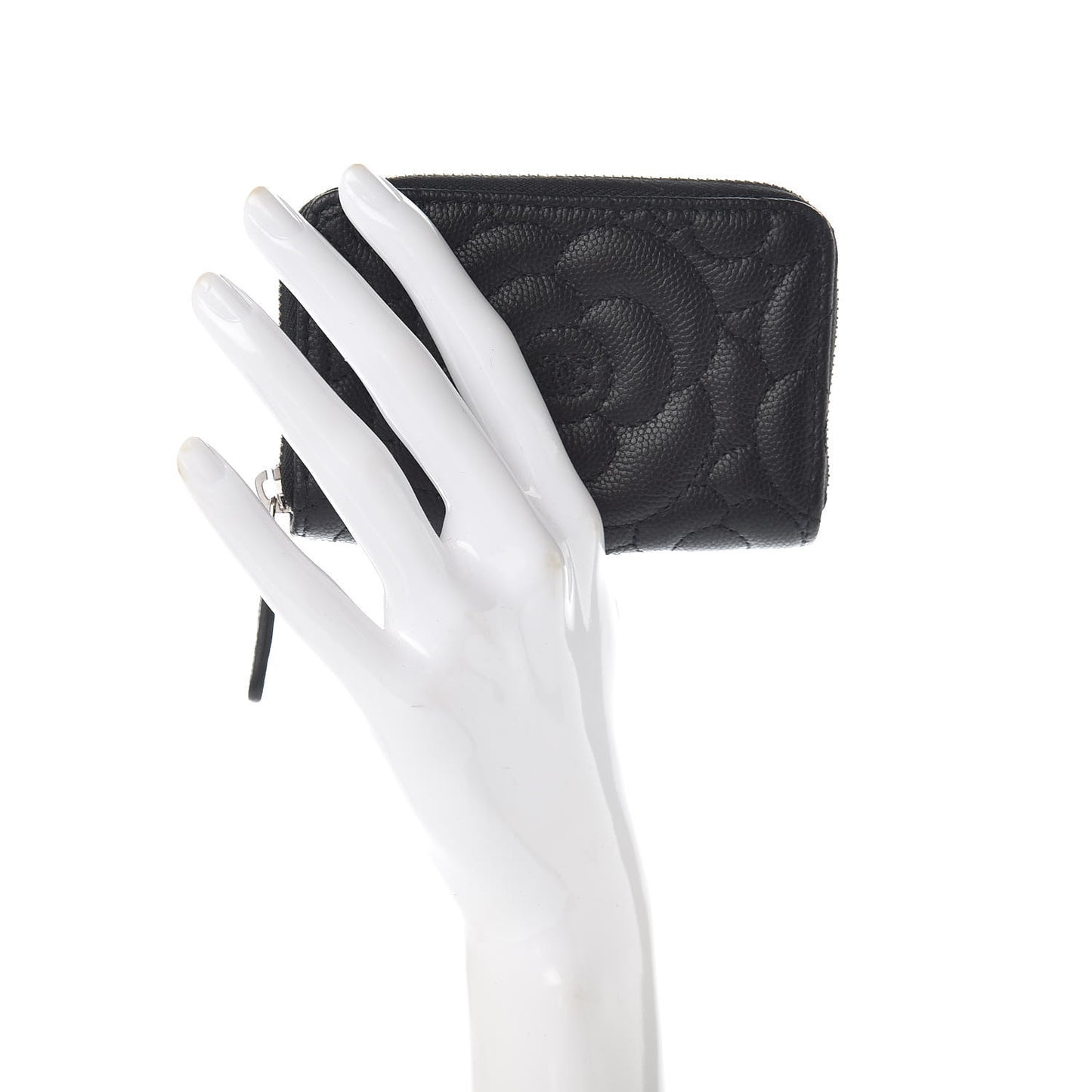 Caviar Camellia Embossed Zip Coin Purse Black