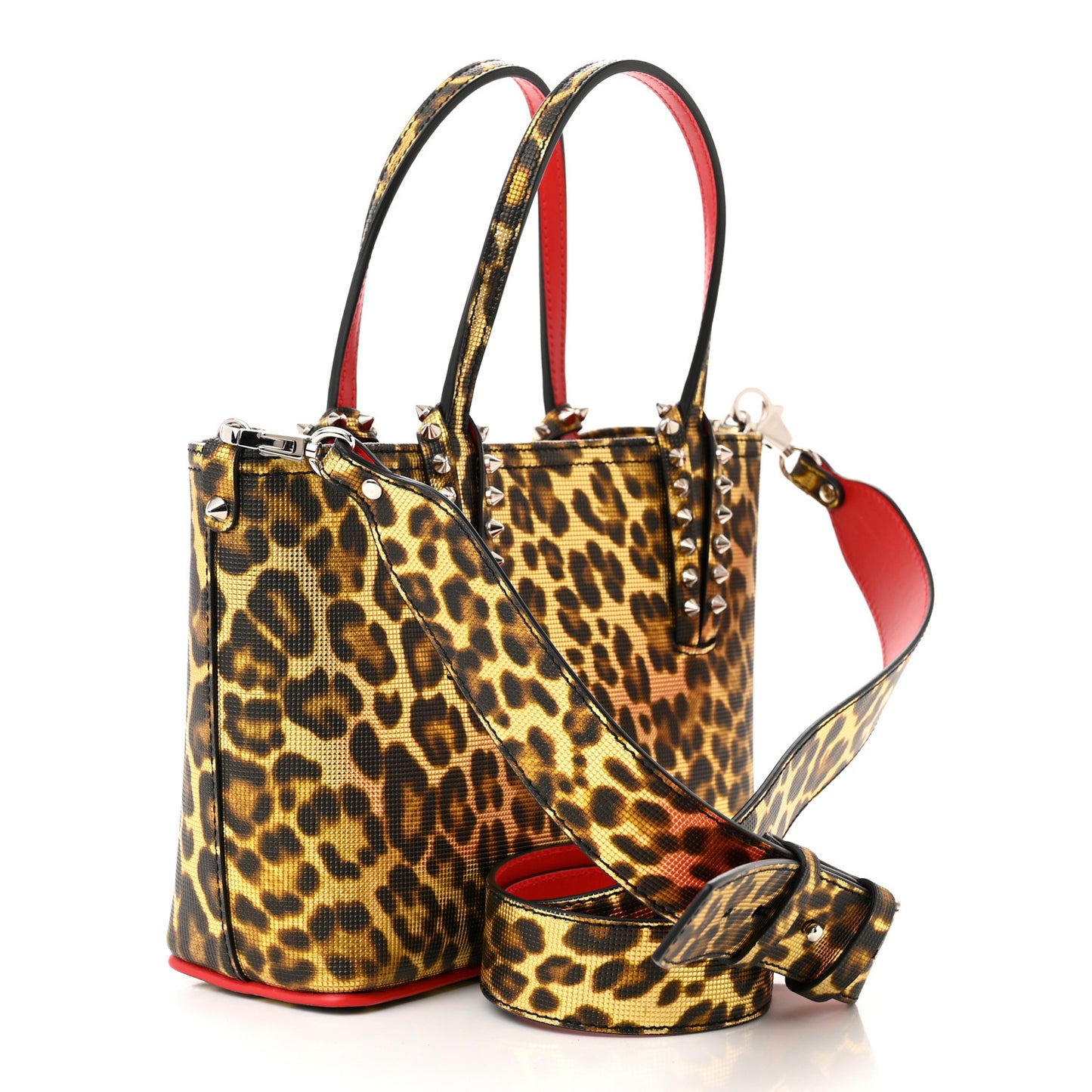 Calfskin Coins Leopard Print Spikes Mini East West Cabata Tote Gold