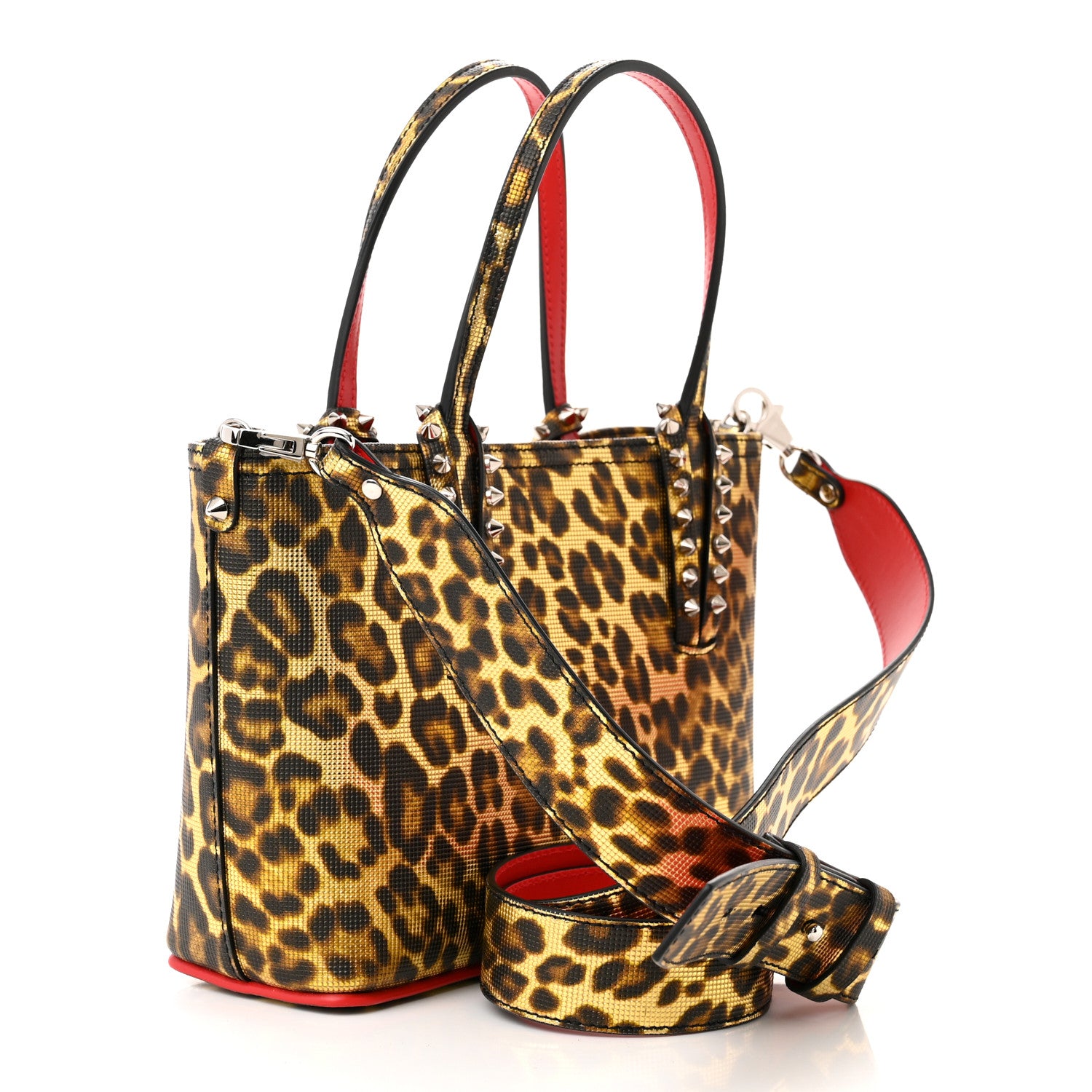 Christian Louboutin Calfskin Coins Leopard Print Spikes Mini East West Cabata Tote Gold 3 of 10