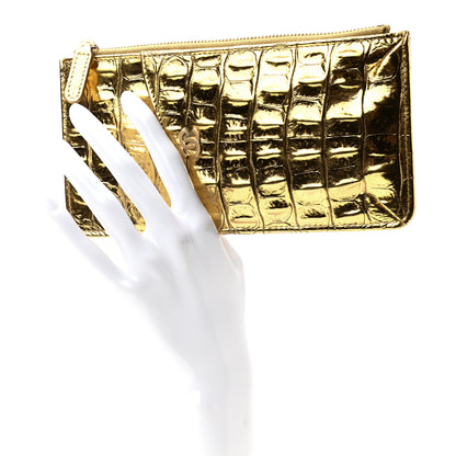 Chanel Metallic Calfskin Crocodile Embossed Cocodile Classic Flat Wallet Pouch Gold 2 of 7