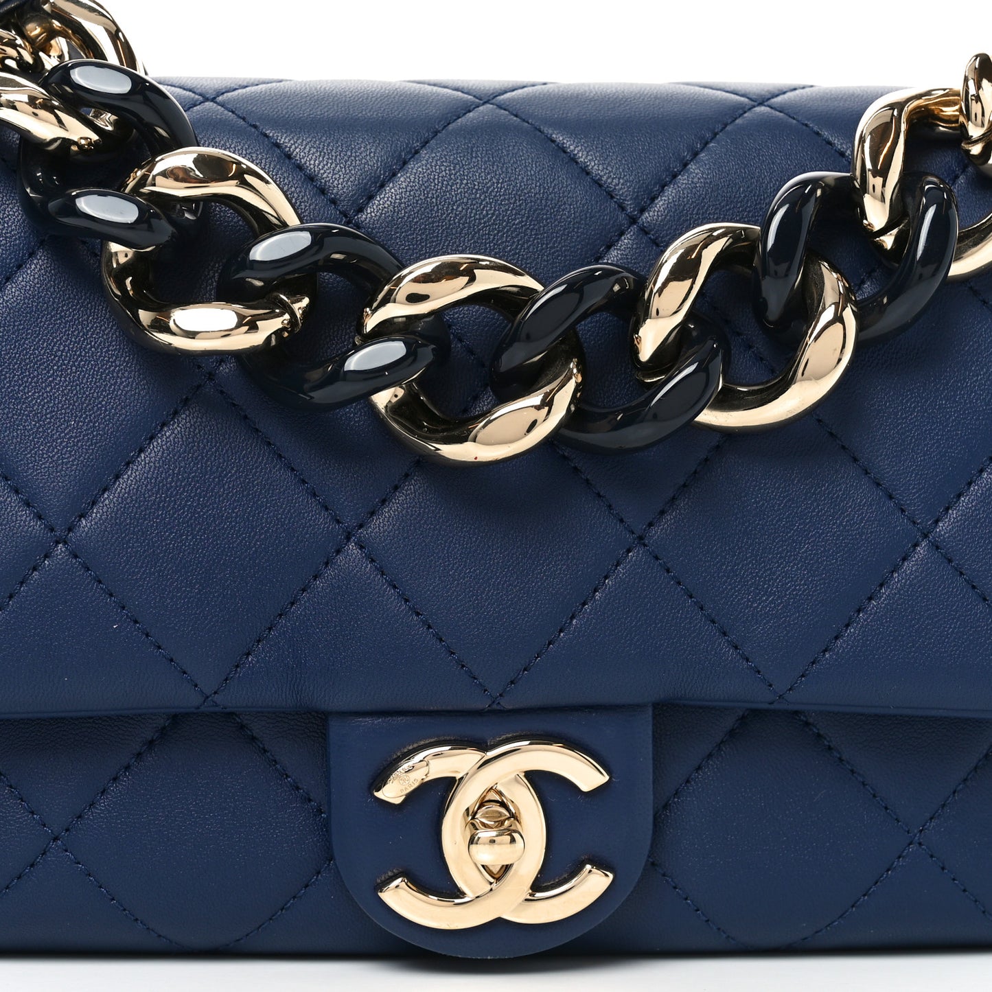 Lambskin Quilted Resin Bi-Color Chain Flap Bag Navy