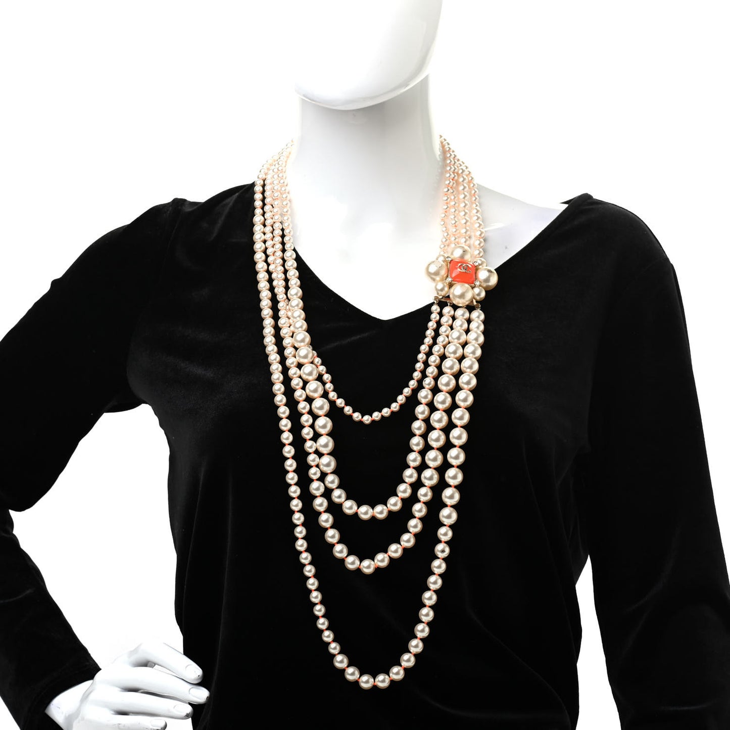 Pearl Crystal Gripoix CC Multi Strand Necklace Orange Gold