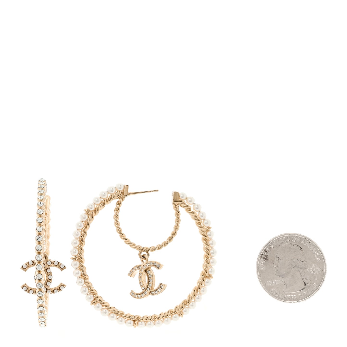 Crystal Pearl CC Drop Hoop Earrings Gold Pearly White