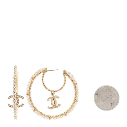 Chanel Crystal Pearl CC Drop Hoop Earrings Gold Pearly White 2 of 5