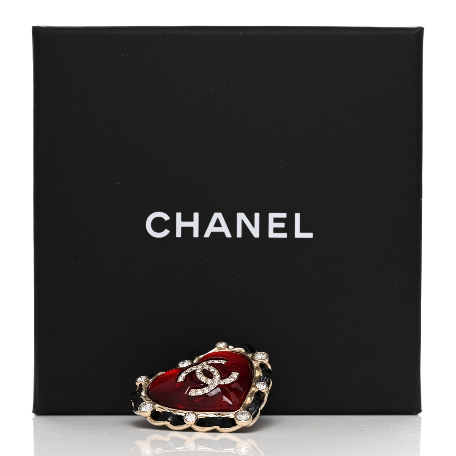 Chanel CC Lambskin Resin Crystal Heart Brooch Gold Red Black 5 of 5