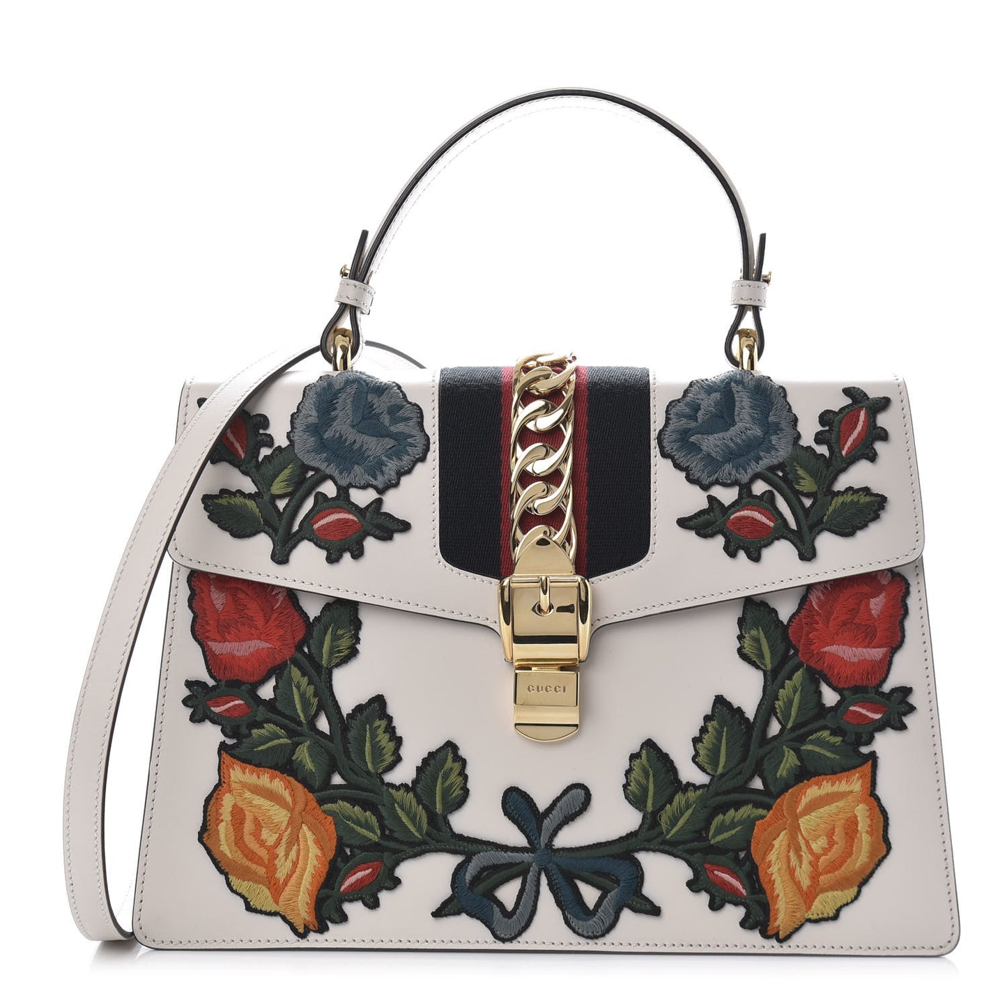 Calfskin Embroidered Medium Sylvie Top Handle Bag White