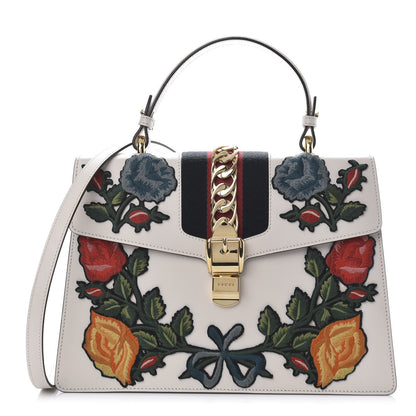 Gucci Calfskin Embroidered Medium Sylvie Top Handle Bag White 1 of 11