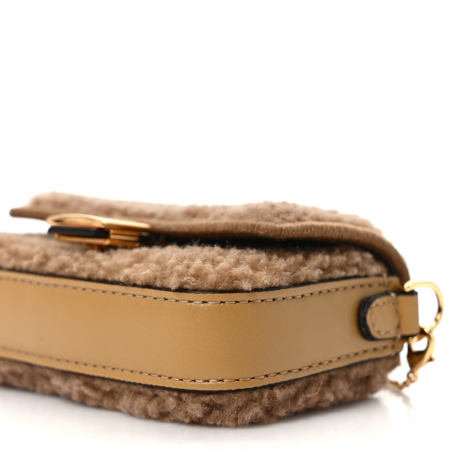 Curly Shearling Shiny Nappa Nano Baguette Charm Camel