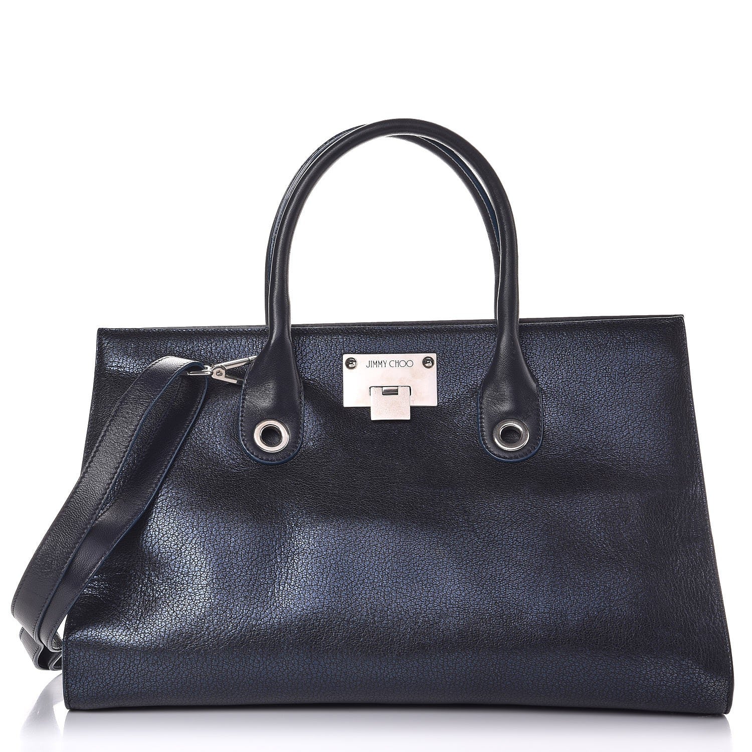 Jimmy Choo Metallic Grainy Goatskin Riley Tote Navy 1 of 12