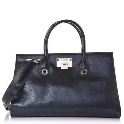 Jimmy Choo Metallic Grainy Goatskin Riley Tote Navy 1 of 12