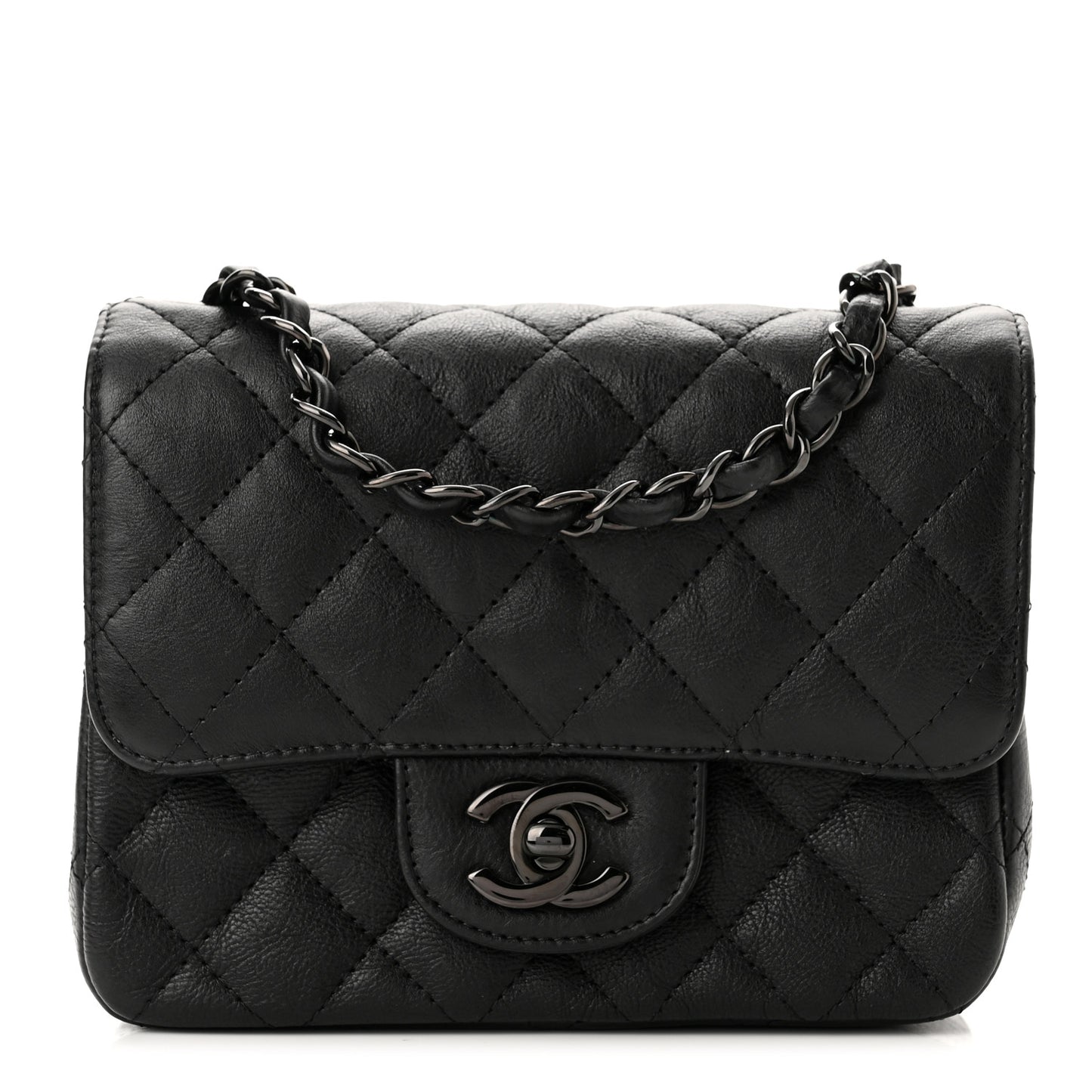 Crumpled Calfskin Quilted Mini Square Flap So Black