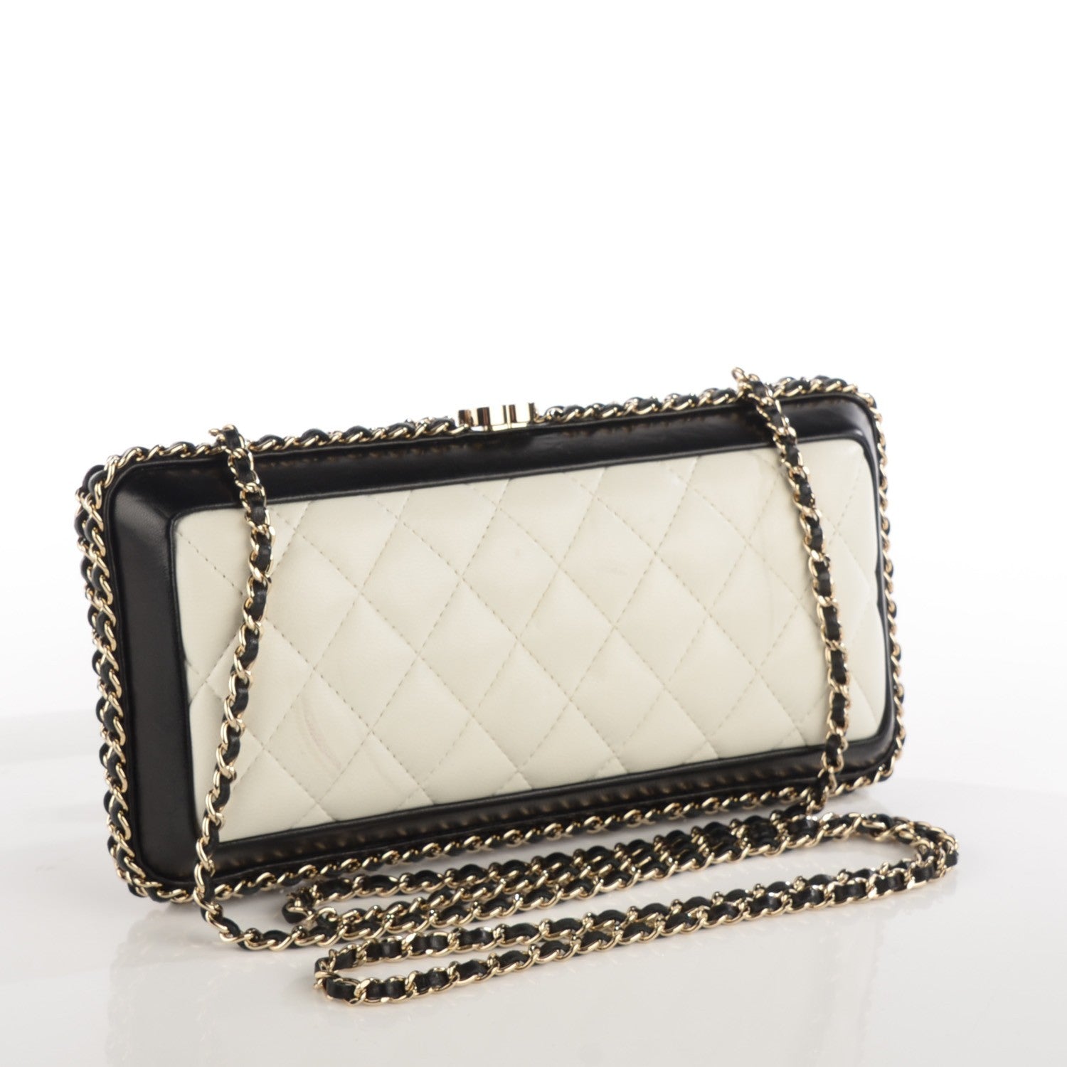 Chanel Lambskin Quilted Chain Around Clutch Black White 3 of 9