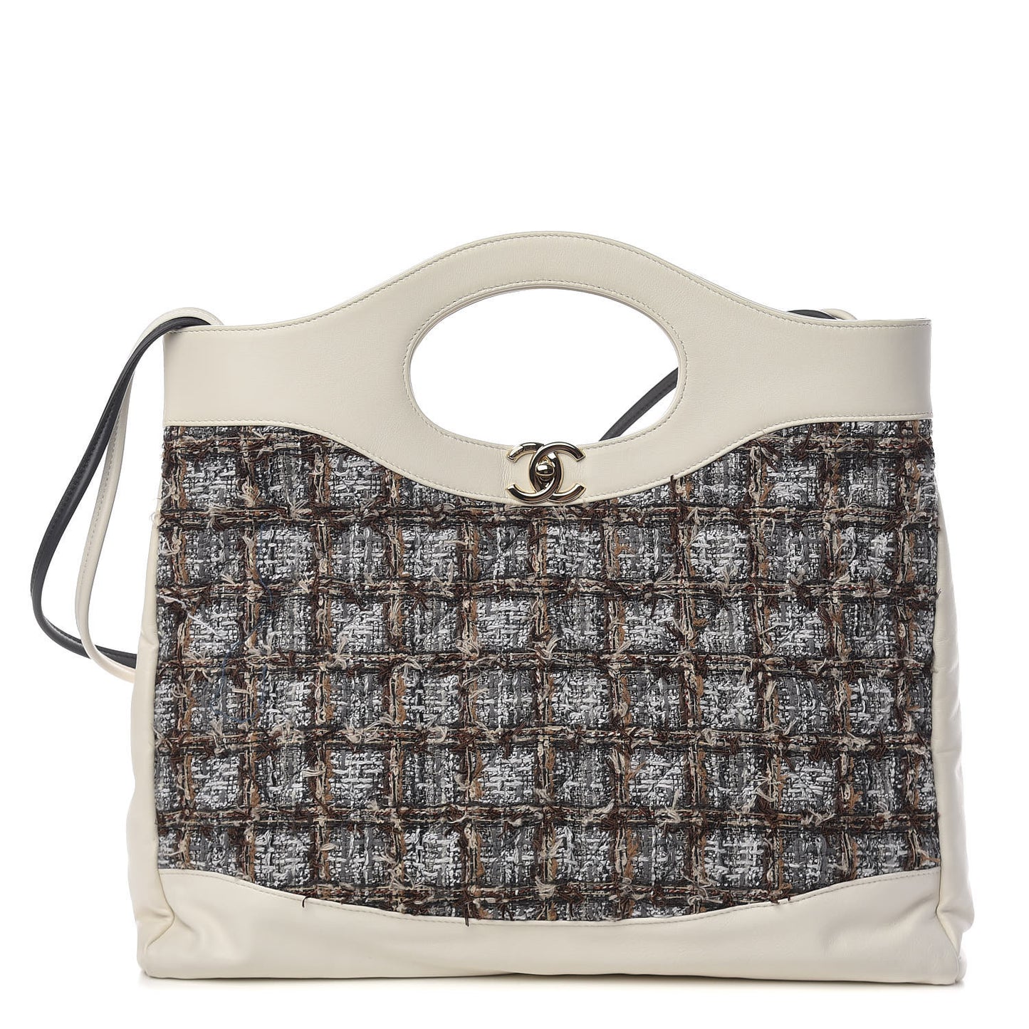 Tweed Calfskin Quilted Large 31 Shopping Bag White Multicolor