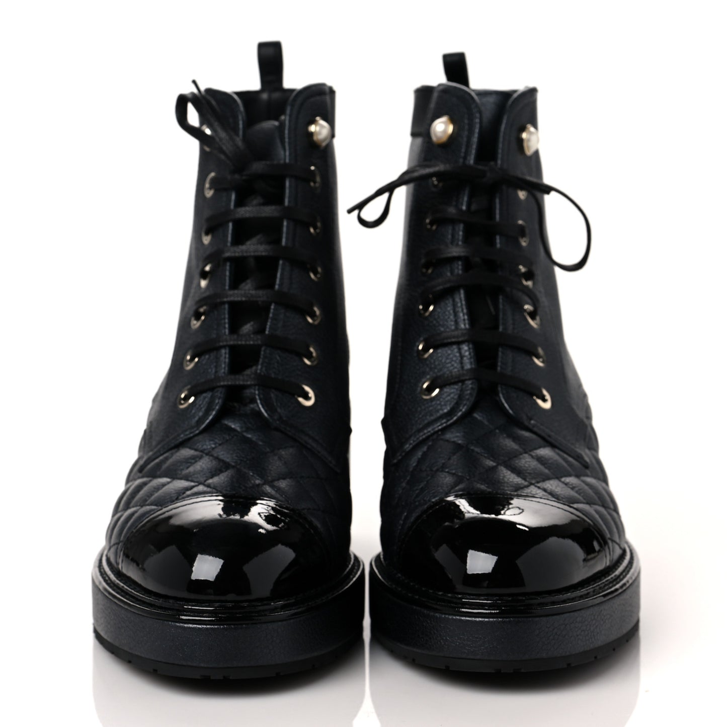 Pearly Calfskin Patent Calfskin Lace Up Combat Boots 39.5 Black
