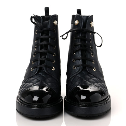 Chanel Pearly Calfskin Patent Calfskin Lace Up Combat Boots 39.5 Black 2 of 8