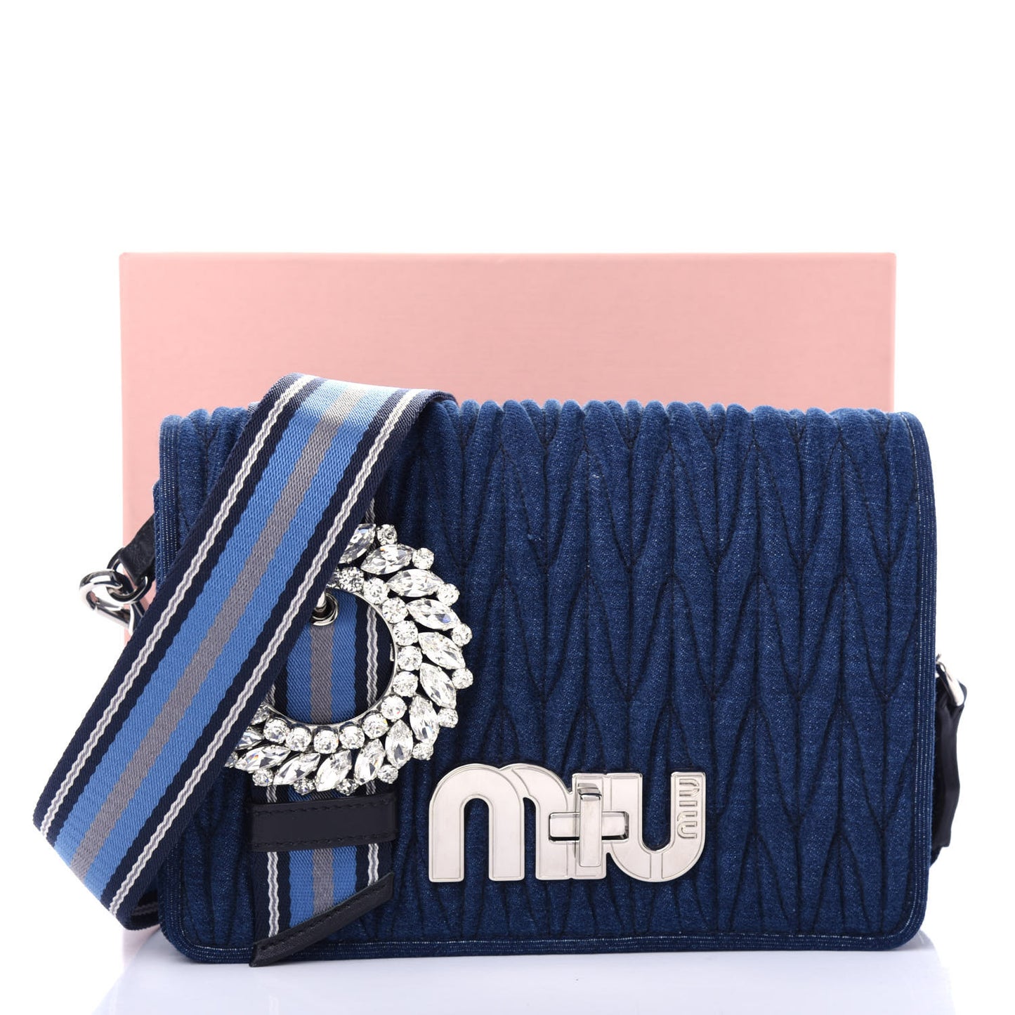 Denim Matelasse Crystal Embellished Shoulder Bag Blue