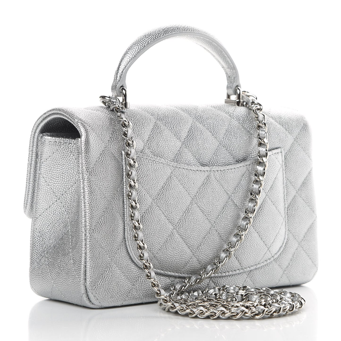 Metallic Caviar Quilted Mini Top Handle Rectangular Flap Silver