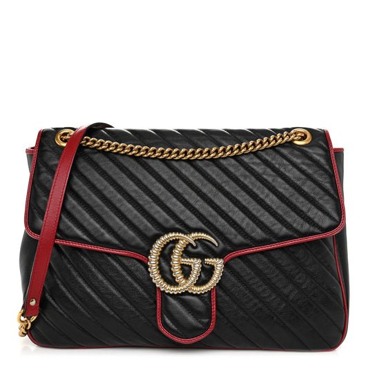 Vintage Effect Calfskin Matelasse Diagonal Large Torchon GG Marmont Shoulder Bag Black Romantic Cherry