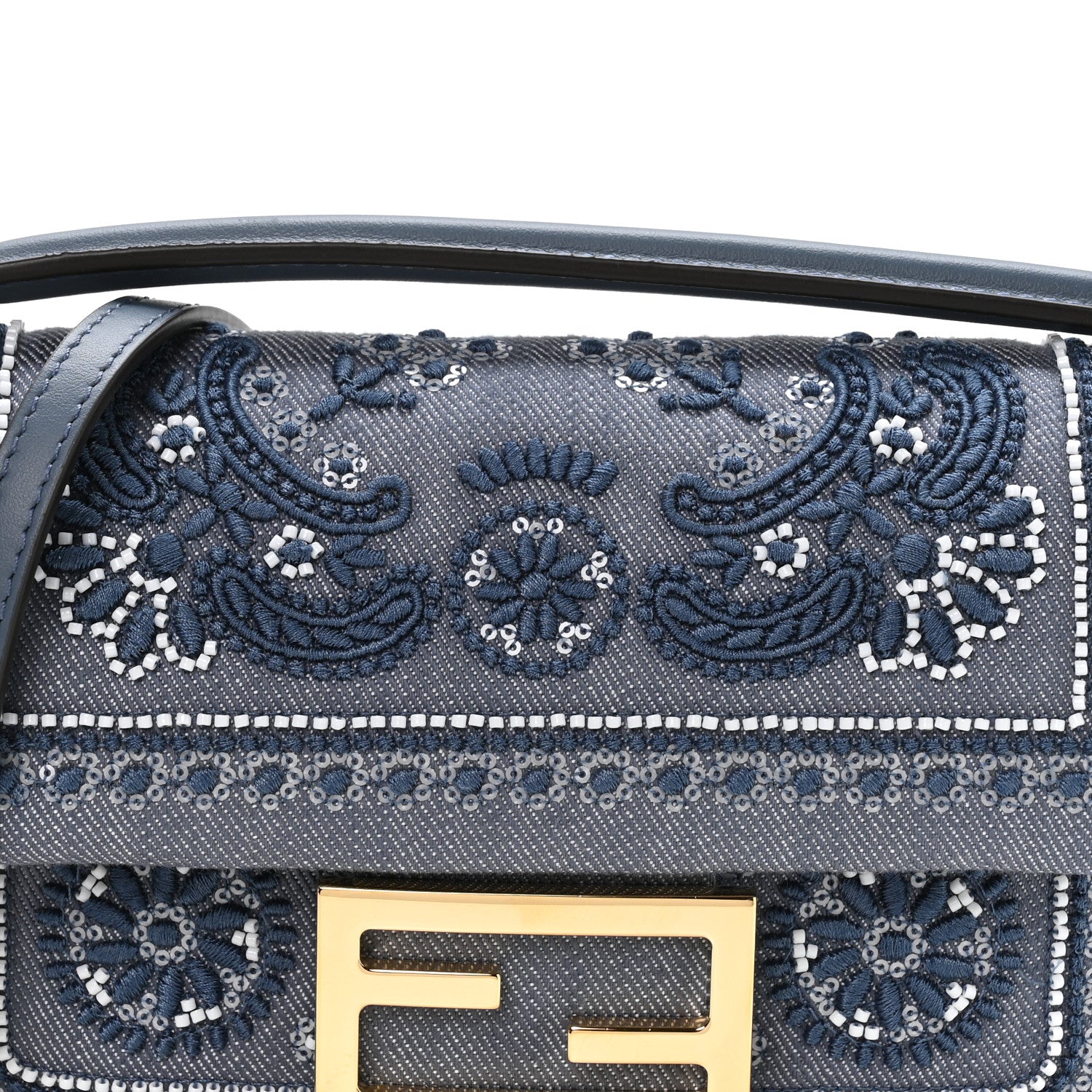 Fendi Denim Embroidered Coral Bandana Mini Baguette Myrtle 8 of 10