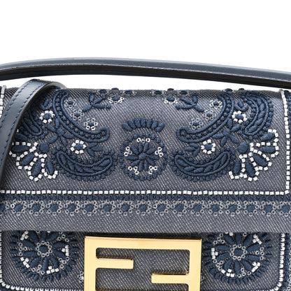 Fendi Denim Embroidered Coral Bandana Mini Baguette Myrtle 8 of 10