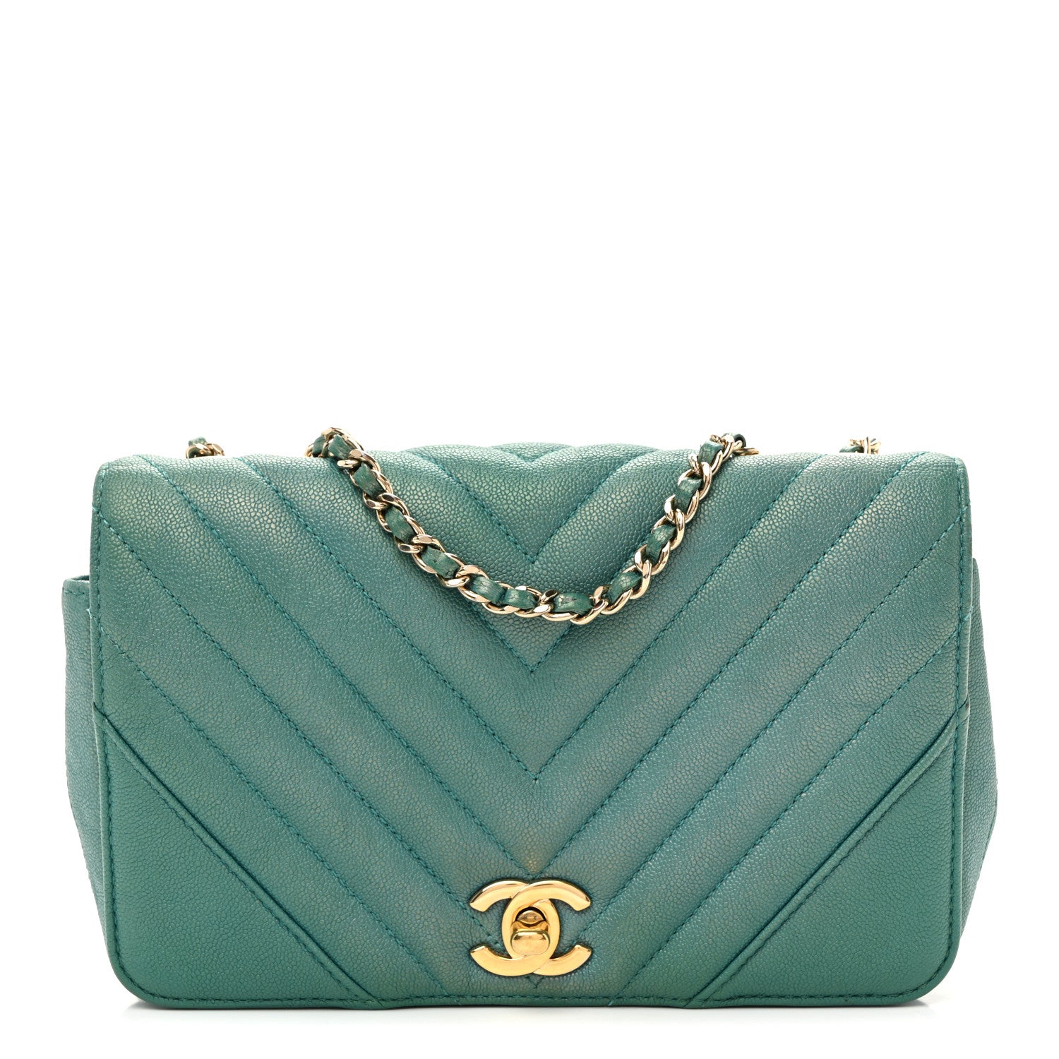 Chanel Metallic Caviar Chevron Quilted Small Statement Flap Turqouise 1 of 10