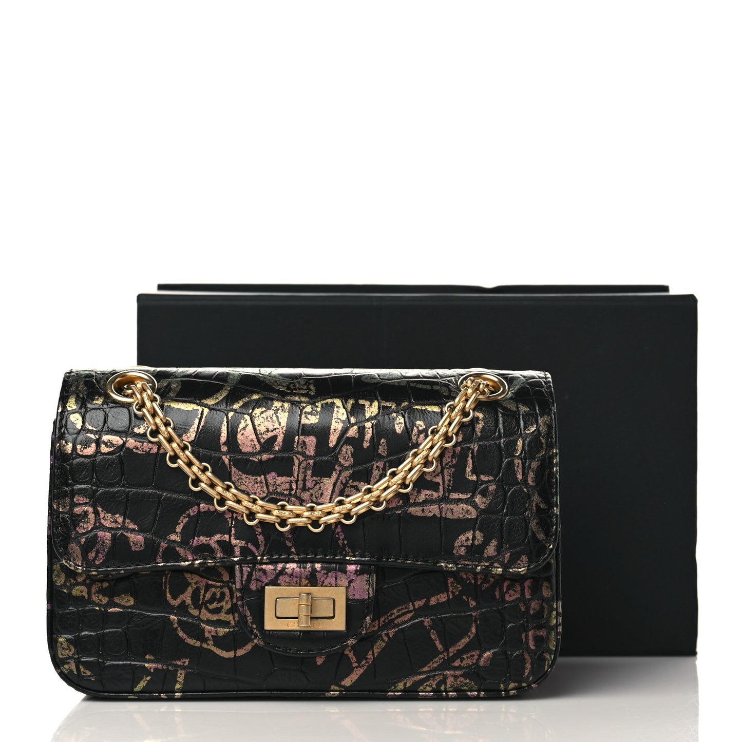 Calfskin Crocodile Embossed Graffiti 2.55 Mini Cocodile Reissue Flap Black Pink