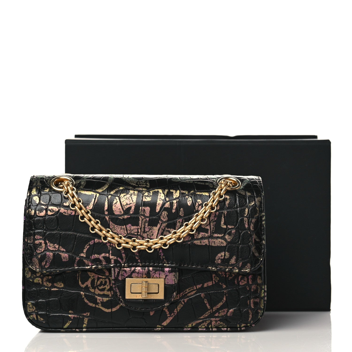 Chanel Calfskin Crocodile Embossed Graffiti 2.55 Mini Cocodile Reissue Flap Black Pink 10 of 10