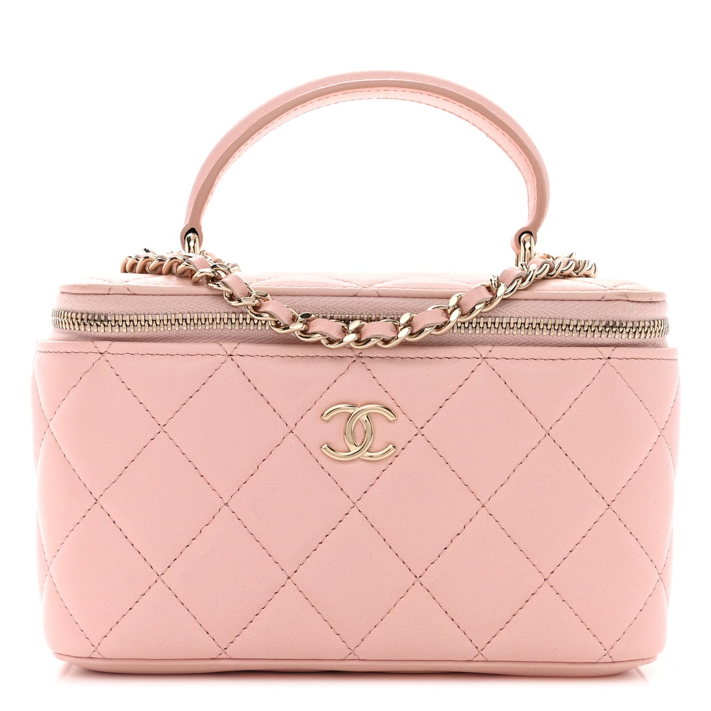 Lambskin Quilted Small Top Handle Vanity Case With Chain Light Pink