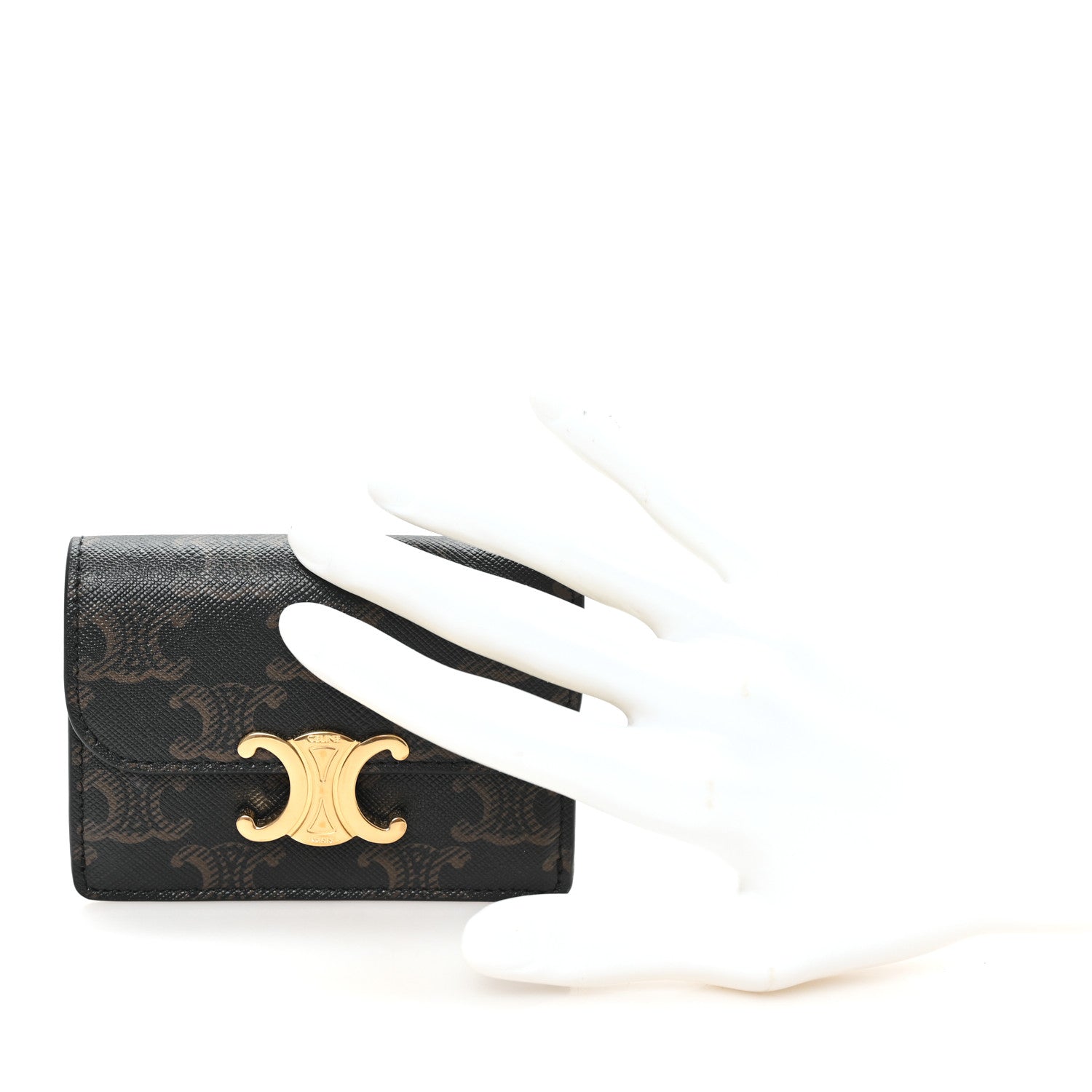 Celine Triomphe Canvas Calfskin Flap Card Holder Tan 2 of 8