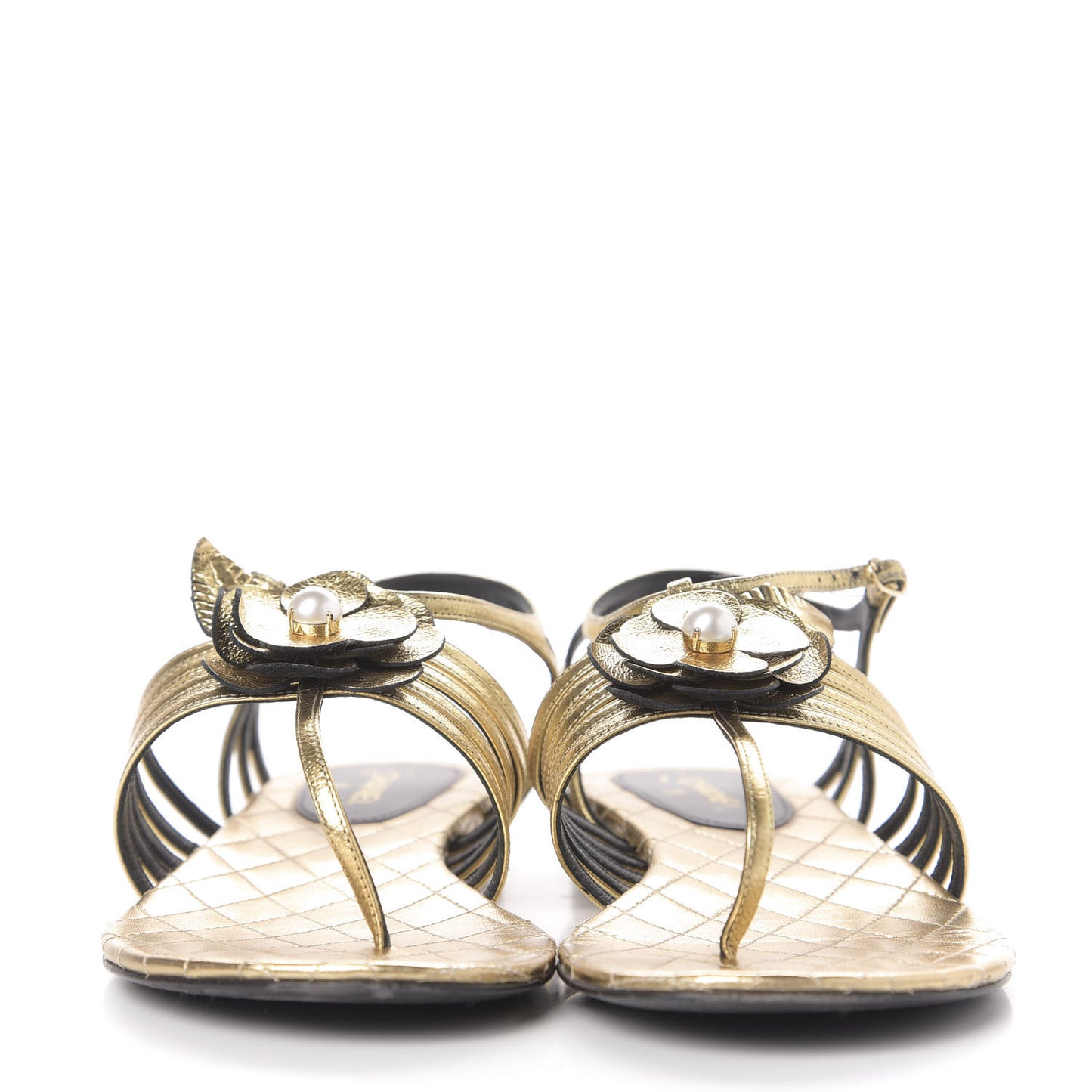 Crumpled Calfskin Camellia Pearl Thong Sandals 37.5 Gold