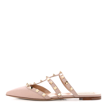 Valentino Garavani Pebbled Calfskin Rockstud Flat Cage Mules 37.5 Poudre 1 of 16